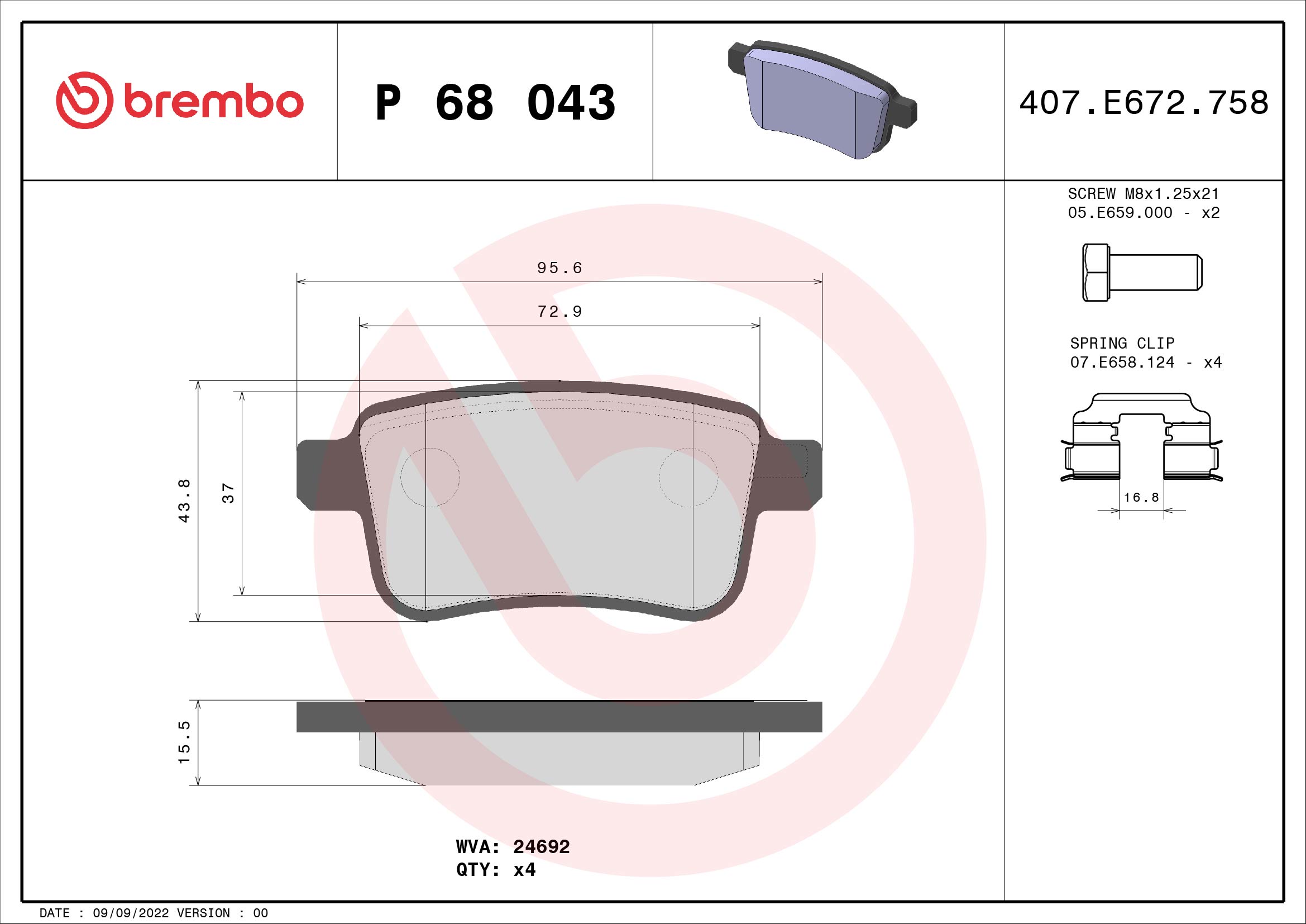 A.B.S. P 68 043 BREMBO Bremsbelagsatz, Scheibenbremse